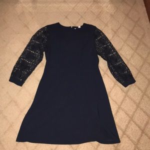 Navy dress with lace sleeves